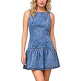 Omoone Women's Sleeveless Bodycon Mini Denim Dress Summer Boat Neck Stretchy Slim Fit A-Linen Flare Jean Dresses
