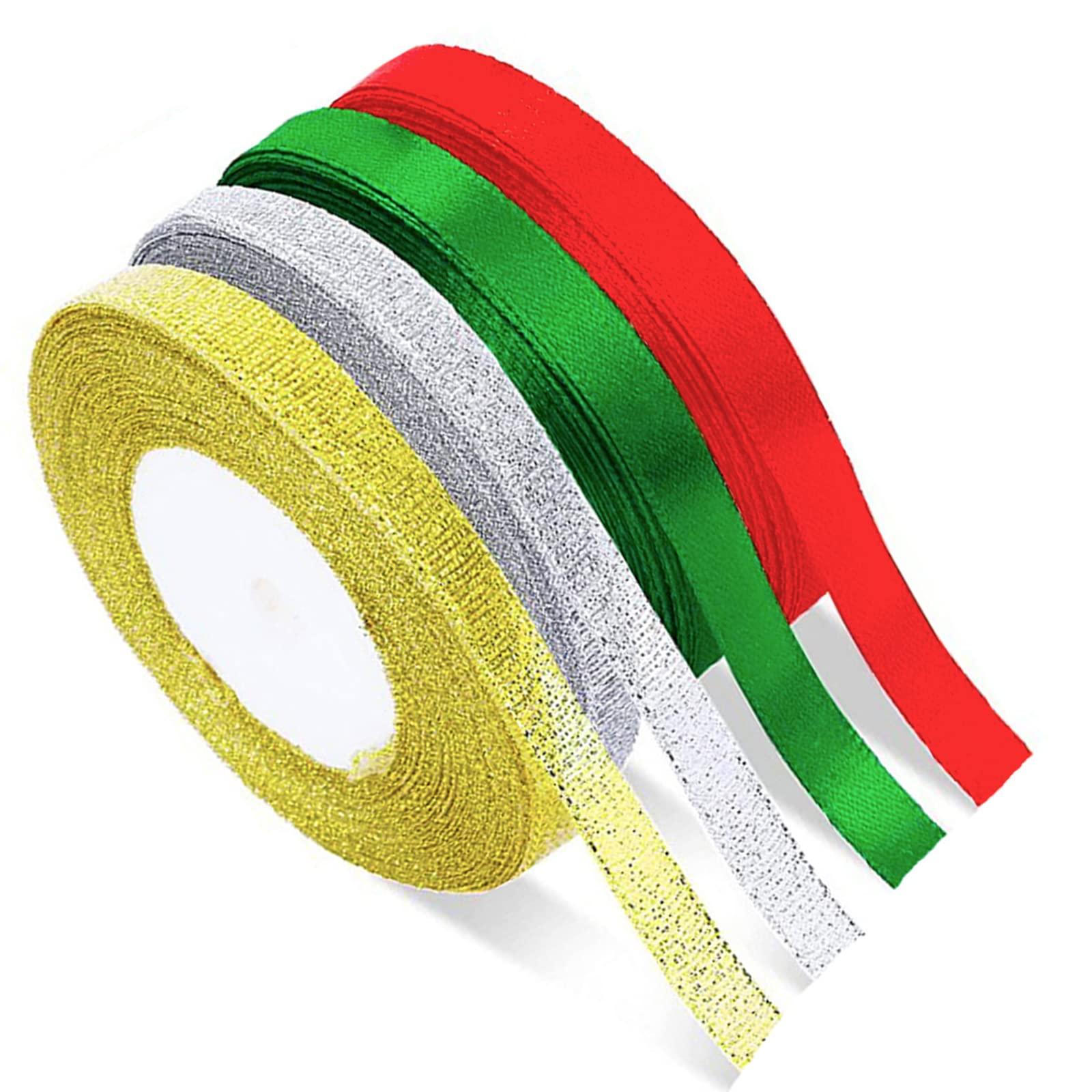 Photo 1 of 4 Rolls 100 Yards Christmas Ribbons 3/8" Wide, Metallic Glitter Organza Ribbons Golden, Silvery, Red, Green Satin Ribbons for Gift Wrapping Christmas Tree Holiday Decoration DIY Crafts (3/8 Inch)