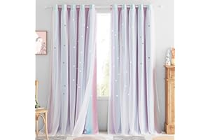 NICETOWN Star Window Curtains & Drapes - Grommet Top Blackout Ombre Curtains with White Sheer Overly for Living Room Kids Curtains for Bedroom Nursery, 70 W x 84 L in, Purple & Blue & Pink, 2 PCs