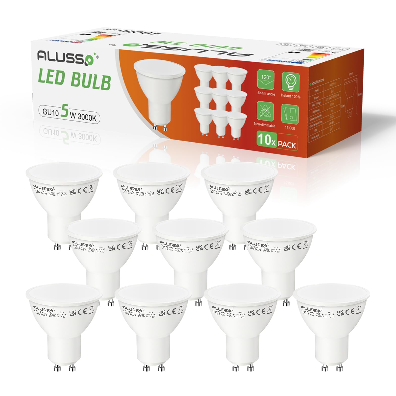 ALUSSO LIGHTING Pack of 10 GU10 Warm White 5W LED Bulbs Replaces 50W Halogen Lamps, 400 Lumens, 120° Beam Angle, Flicker-Free Spotlight, Non-Dimmable Reflector Bulb, Pack of 10