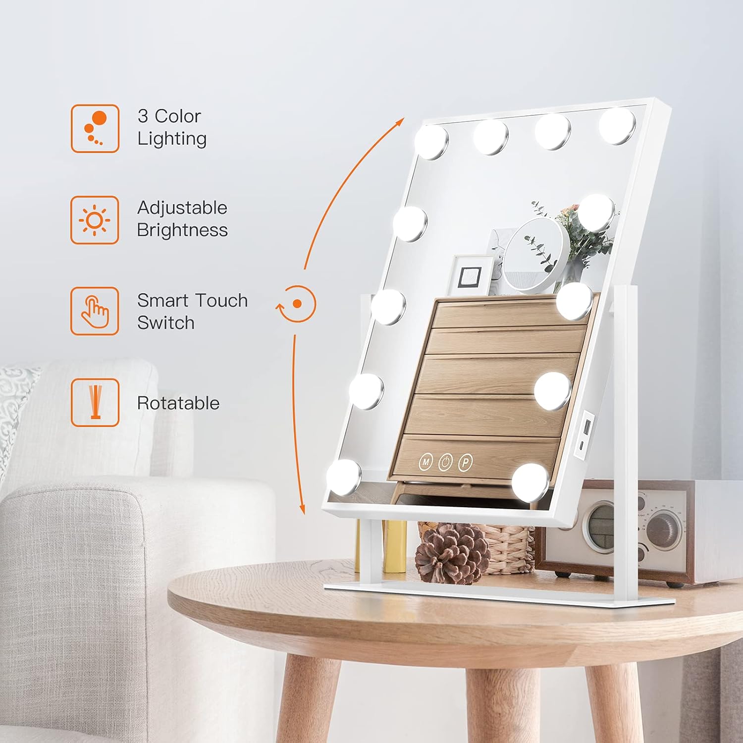 Gospire Hollywood Lighted Makeup Mirror with 12 LED Dimmable Bulbs 3 Color Modes 1X/10X Magnification Touch Control Vanity Mirror Large Cosmetic Mirror with USB Charging Ports -