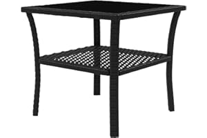 Outsunny 20" Patio Wicker Coffee Table, Outdoor PE Rattan Two-Tier Side Table with Glass Top, for Patio, Garden, Balcony, Bla