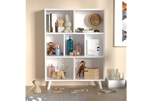 DIYART White Mid-Century Modern 3-Tier bookshelf, 7 cube Wood Bookcase with legs, Minimalist kids bookcase for Bedroom, Living Room, 31.4" W x 43.3" H