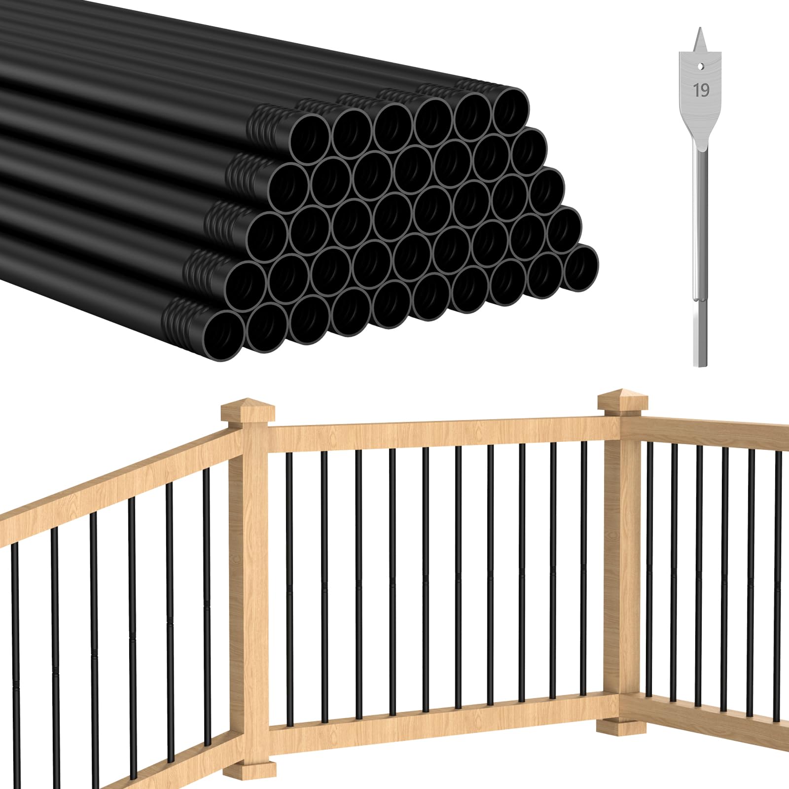 Photo 1 of  Pack 32" H Round Tube Deck Balusters, 3/4" Diameter Hollow Round Black Balusters for Deck Railing, Metal Deck Baluster Staircase Spindles for Railing Fencing Porch