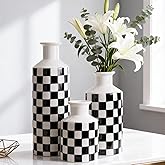 Black and White Ceramic Vase Set 3,Mid Century Modern Checkered Small Vases for Flower&Pampas Grass Centerpiece,Checkered Porcelain Vase for Dining Table Kitchen Tabletop Minimalist Decorative (Black)