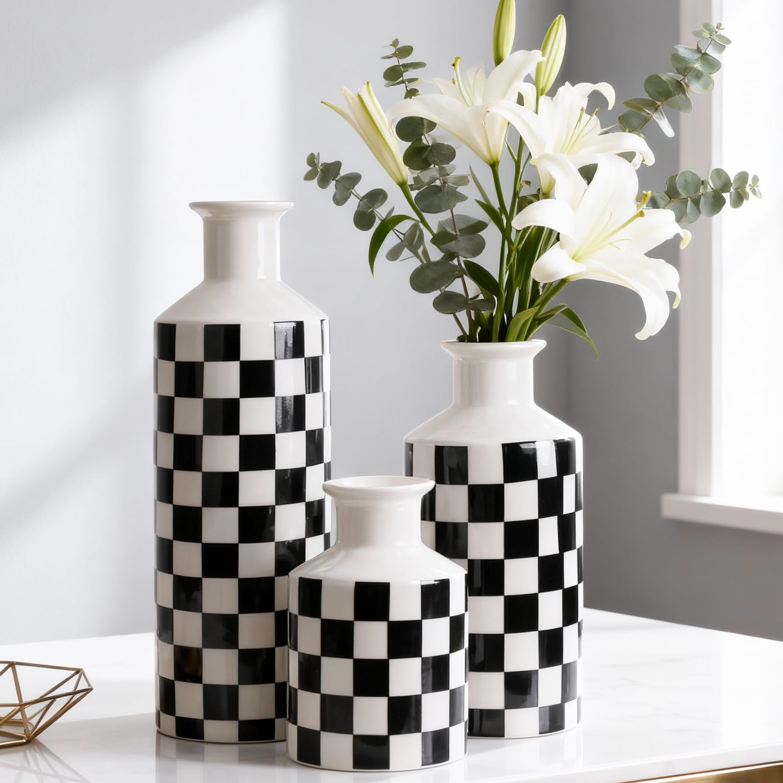 Photo 1 of Black and White Ceramic Vase Set 3,Mid Century Modern Checkered Small Vases for Flower&Pampas Grass Centerpiece,Checkered Porcelain Vase for Dining Table Kitchen Tabletop Minimalist Decorative (Black)