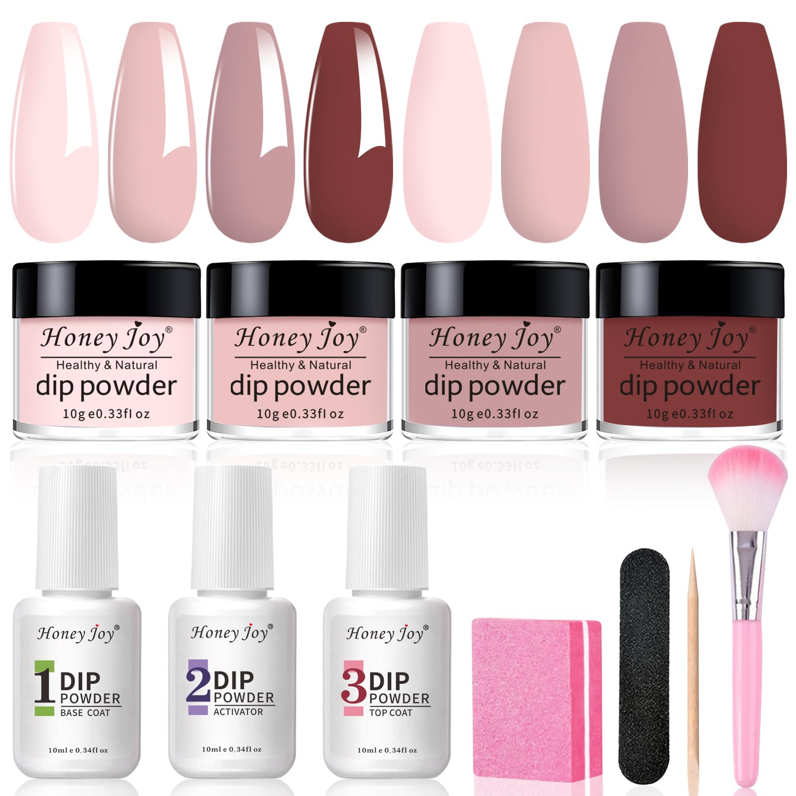 Honey Joy Dip Powder Nail Kit Starter,4 Colors Gentle Nude Brown Pink Neutral Skin Dipping Powder Liquid Set with Base Top Coat for Nail Art Manicure Salon DIY No LED Nail Lamp Needed，Dip-7pcs-07