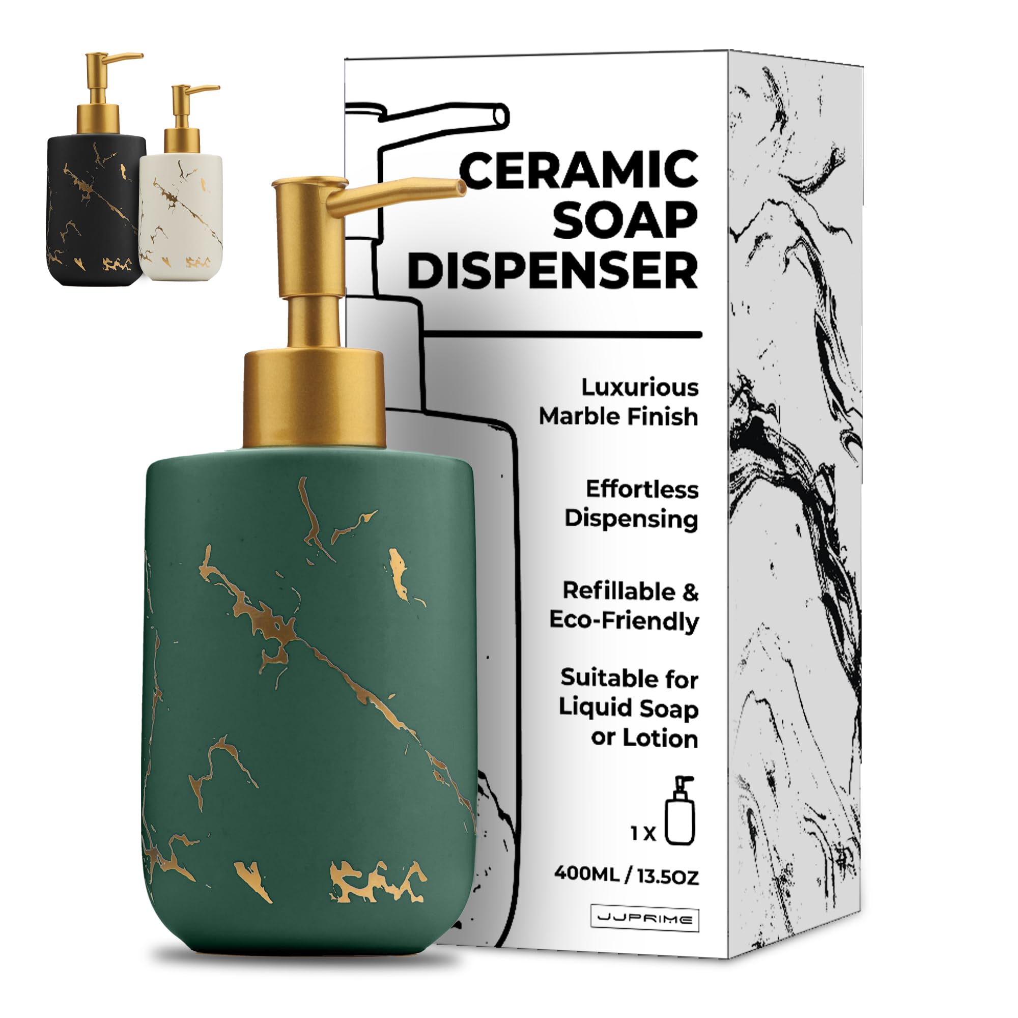 JJ PRIME - Ceramic Shower Soap Dispenser 400ml | Marble Look Pump Bottle Dispenser | Hand Soap Dispenser Bottle with Pump | Kitchen Soap Dispenser Bathroom Bottles (Green) (BR23023)