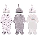 Newborn Knotted Nightgown Long Sleeve with Matching Hat Set 3 Pack, Unisex Baby Sleeper Gowns Coming Home Outfits Set with Mitten Cuffs for Boys Girls