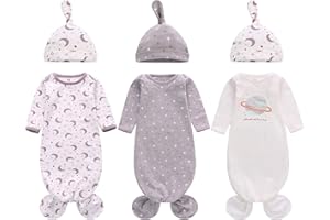 Newborn Knotted Gowns Long Sleeve with Matching Hat Set 3 Pack, Baby Sleeper Gowns with Mitten Cuffs for Boys Girls