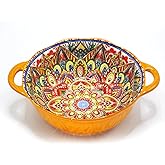 Bohemia Large Bowls with Handle, 40 oz Ceramic Soup Bowl for Salad, Pasta, Cereal,Fruit, Udon, Microwave & Dishwasher Safe (Orange)