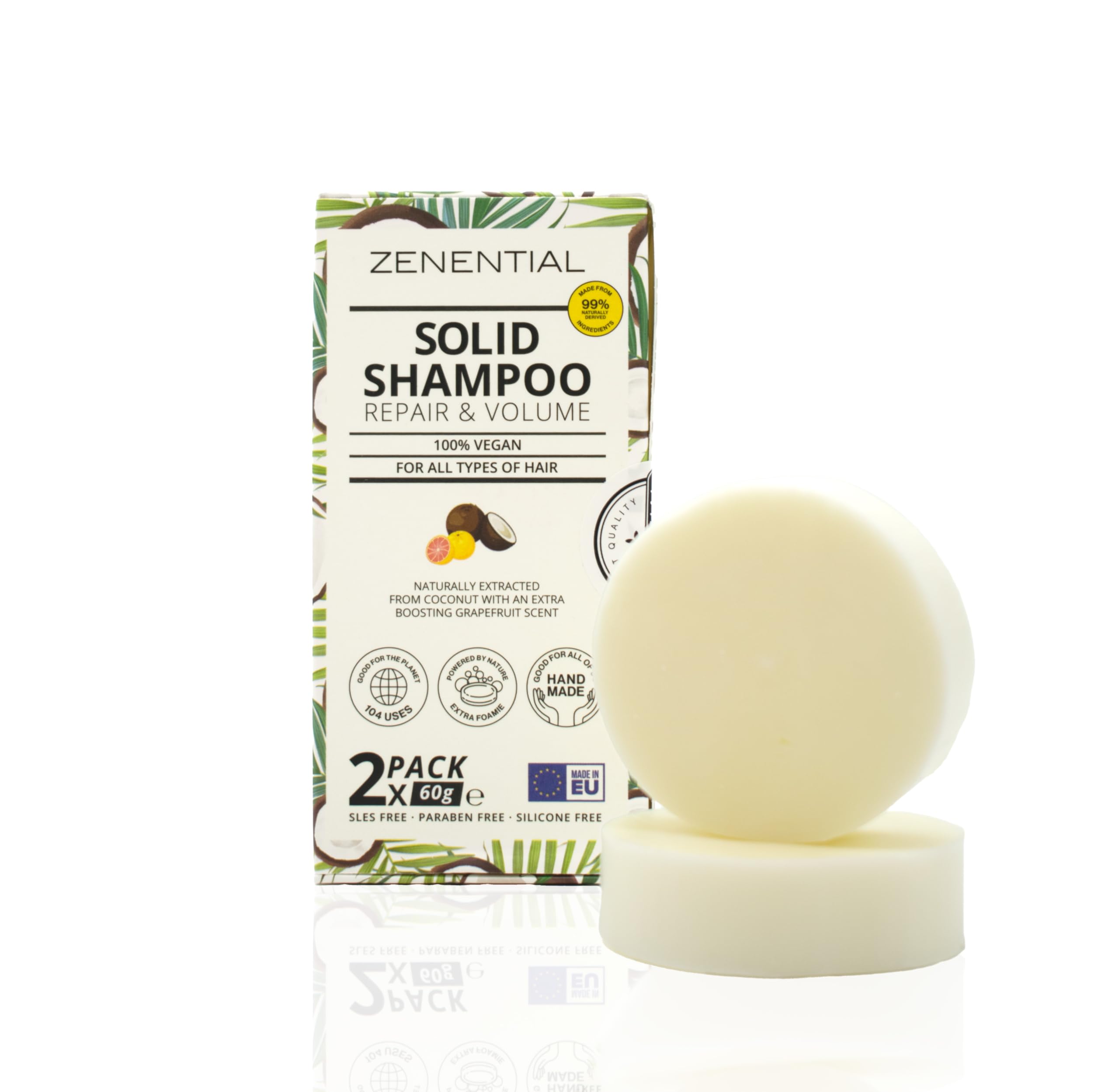 Solid Shampoo, 2 Pack 60g - Repair and Volume - For All Types of Hair - 100% Vegan and Biodegradable. Sulphate and Paraben Free - by Zenential