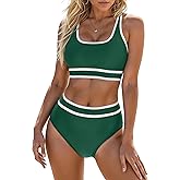 Blooming Jelly Womens High Waist Bikini Sets Sporty Color Block Two Piece Swimsuits Scoop Neck Cheeky Bathing Suits