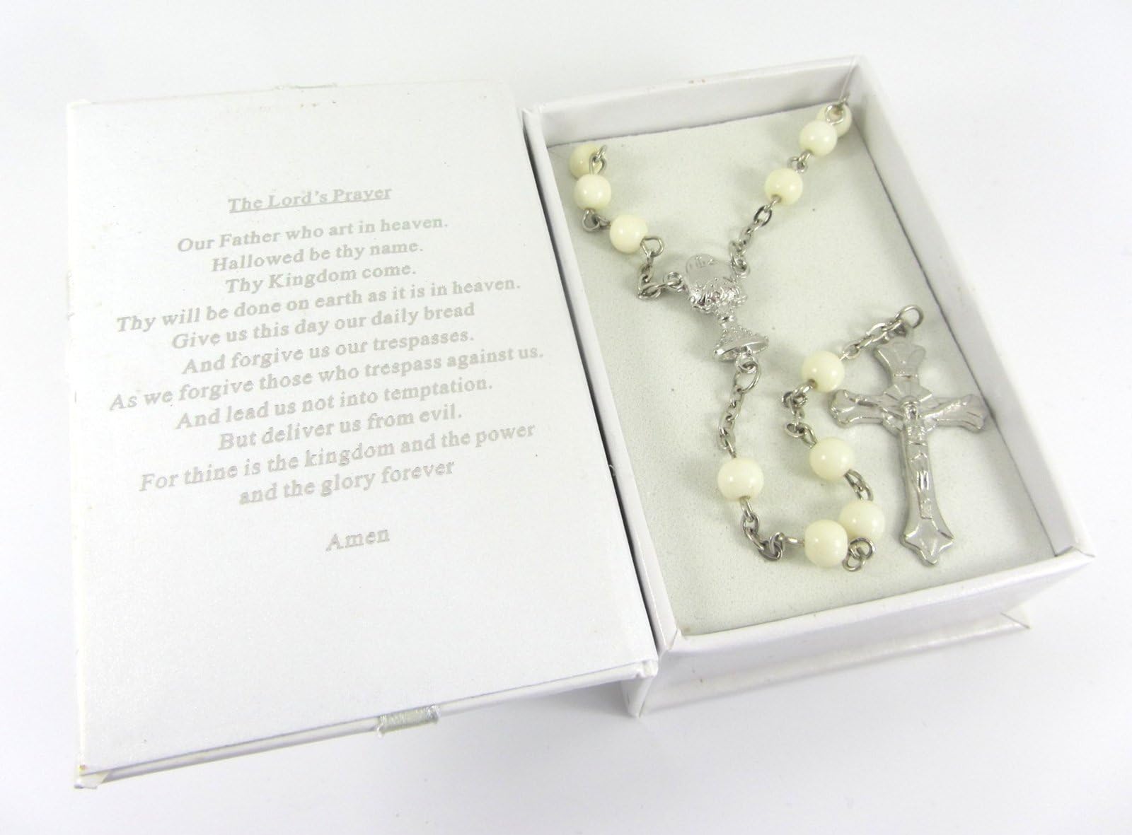 Cream & Silver Rosary Bead Necklace Crucifix Chalice Lords Prayer Bible Box