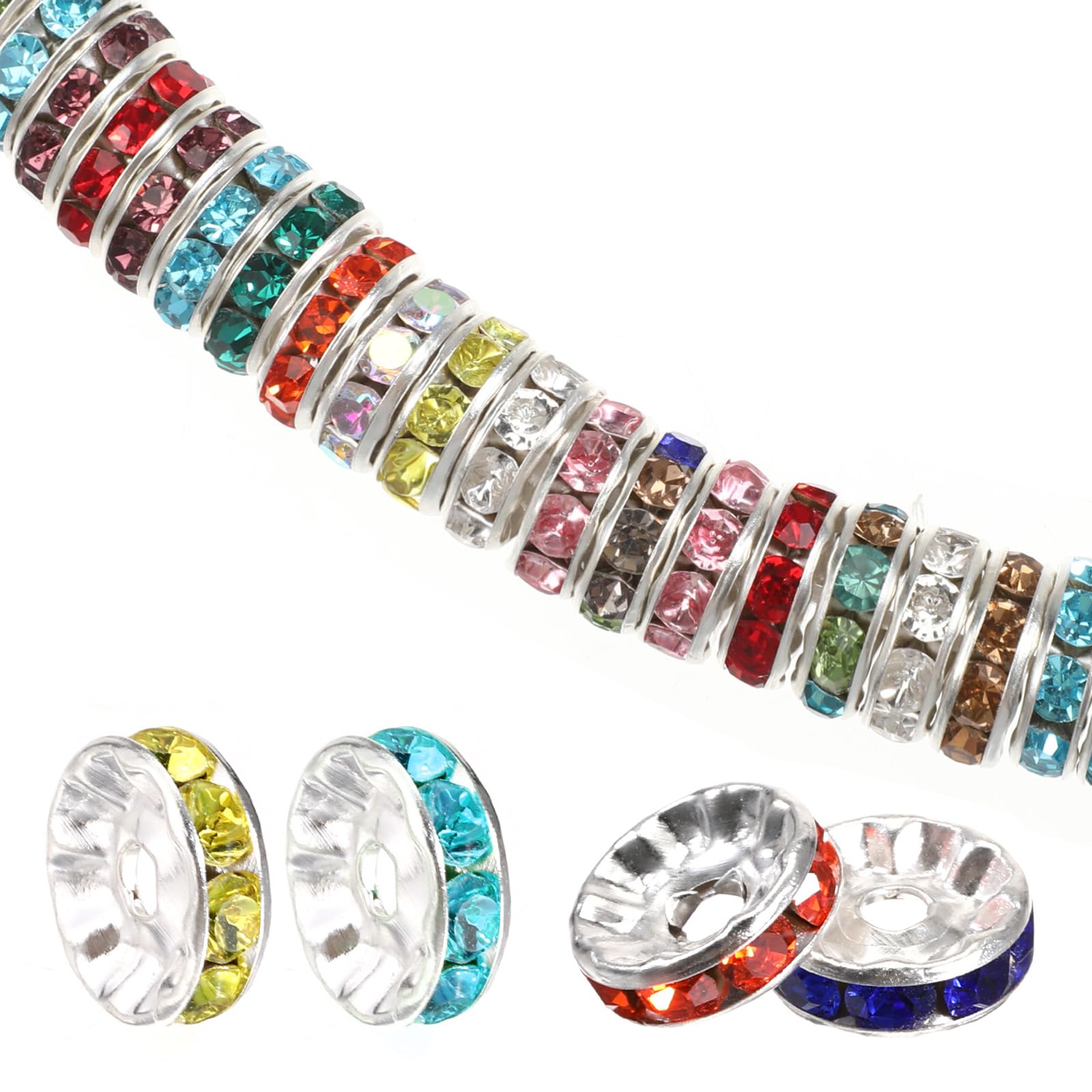 Photo 1 of 100 Pcs 10mm Large Hole Rhinestone Spacer Beads, Silver Plated Mix Colors Bead Rondelle Crystal Rhinestone Spacer Loose Beads for Jewelry Making DIY Bracelets Necklace Earring Craft