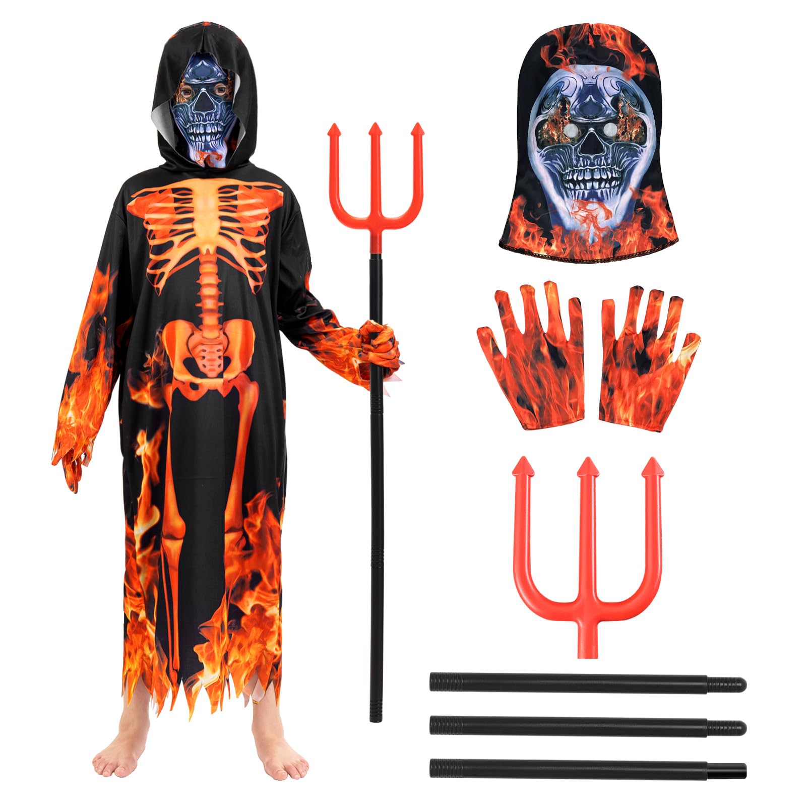 DVDGSC Children's Devilish Skeleton Costume: Grim Reaper Costume for Boys - Robe with Hood Skull Mask Gloves Trident - Fire Red Devil Skeleton Costume Halloween Carnival Cosplay Set (S)