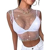 ChiaoLezhee Iridescent Rhinestone Crop Top, Rave Concert Festival Outfits Women, Sexy Sparkly Fishnet Tanks, Sheer Mesh Shirt