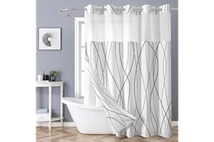Shellspace No Hook 3 in 1 Shower Curtain with Snap in Liner, Striped Grey Shower Curtain Set with See Through Top Window, Mac