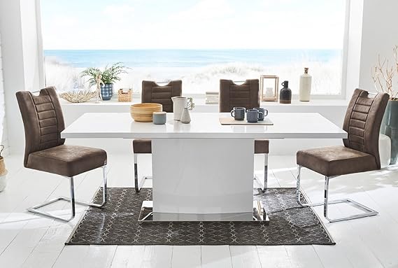 lifestyle4living Tisch, Esstisch, Ausziehtisch, Säulentisch, Küchentisch, Esszimmertisch, weiß, Hochglanz, Synchronauszug, Ed