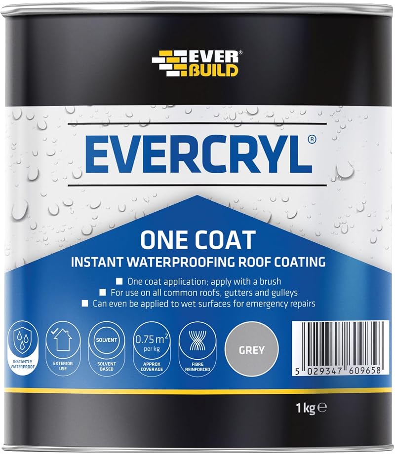 Everbuild Evercryl One Coat Waterproofing Grey 1kg Roof Gutter Gulley Repair
