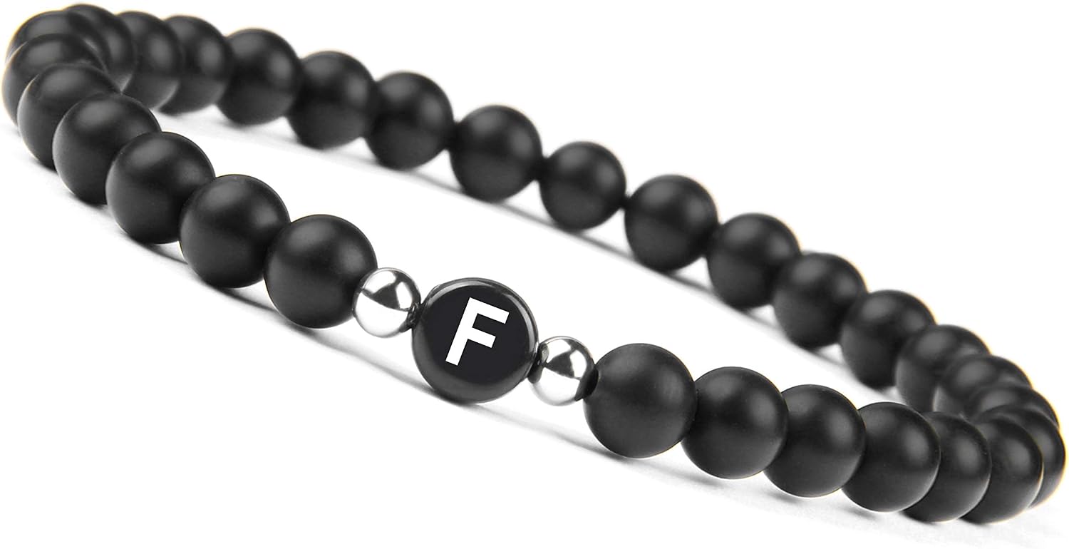 GD GOOD.designs EST. 2015 Bracelet with letter F for couples I partner bracelet with real 6mm natural stone beads I Valentines Day gift for women and men