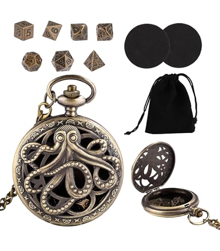 Lot de 7 mini dés DND avec boîtier de montre de poche en verre transparent marron thé, 7 dés polyédriques D&D en métal, cadeaux donjons et dragons avec boîte cadeau, accessoires de