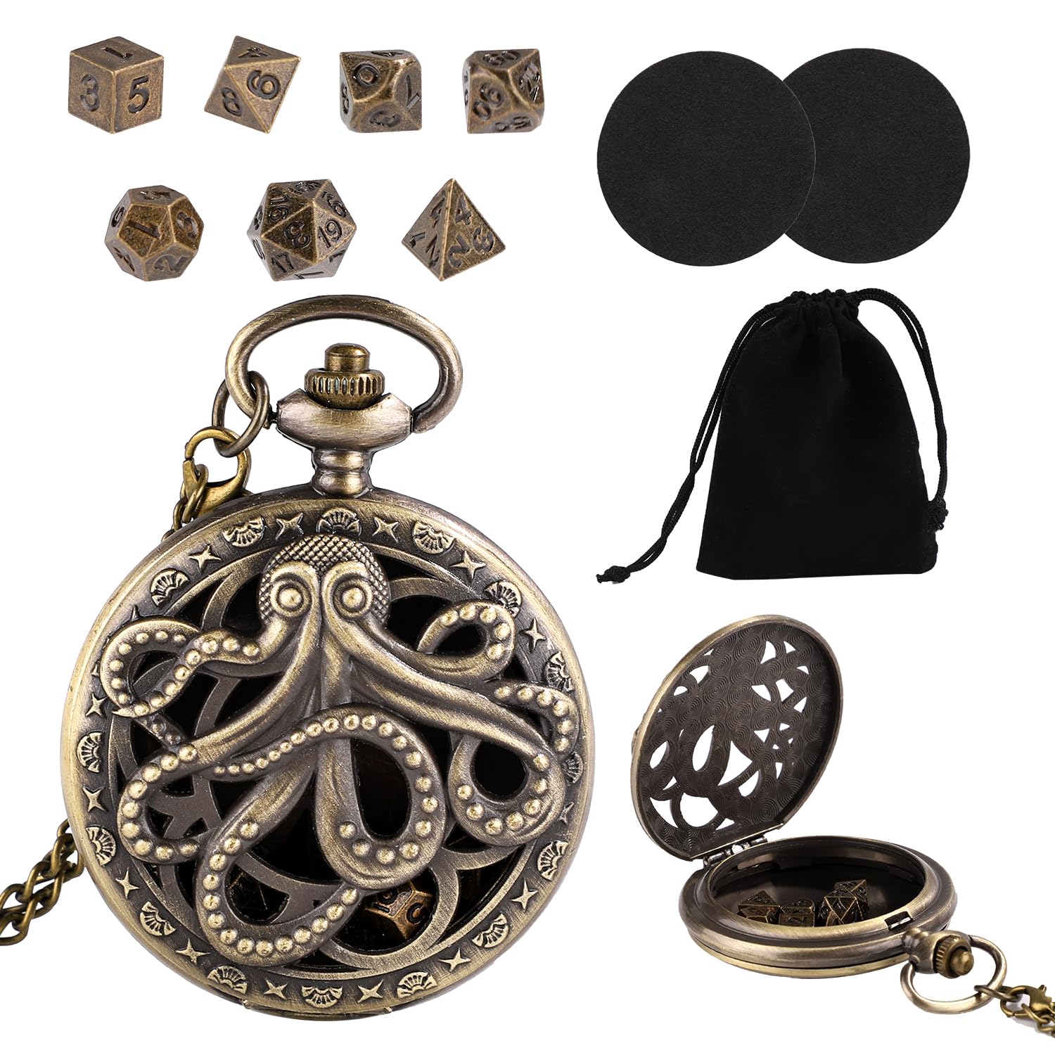 Mini Dice Set for DND, 7 Styles Dice with Pocket Watch Shell Polyhedral RPG Dice Set Octopus Pattern Micro Metal Dice Board Games Accessory for Family and Friend Gifts