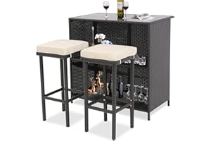 BPTD 3 Piece Outdoor Rattan Wicker Bar Set with 2 Cushions Stools and Glass Top Table Patio Wicker Outdoor Furniture with Removable Cushions for Balcony,Porch, Garden or Poolside (Expresso-Beige)