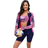 GRACE KARIN Women's 3 Piece Rash Guard Built-in Bra Long Sleeve UV Sun Protection Swimsuit Zip up Swim Top Shirt Modest