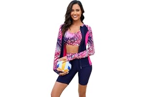 GRACE KARIN Women's 3 Piece Rash Guard Built-in Bra Long Sleeve UV Sun Protection Swimsuit Zip up Swim Top Shirt Modest
