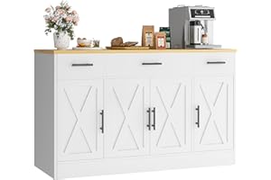 Vongrasig Buffet Cabinet with Drawers, 53” Large Sideboard Buffet Coffee Bar, Modern Farmhouse Kitchen Storage Cabinet with Shelves and Doors, Wood Buffet Table for Kitchen, Dining Room, White