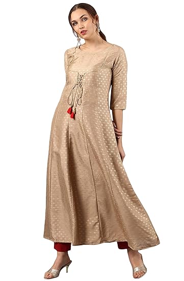 Women's Beige Poly Silk Anarkali Kurta