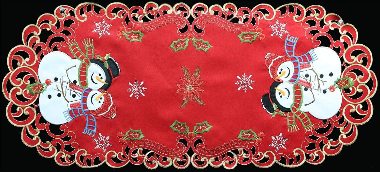 Creative Linens Holiday Christmas Table Runner Embroidered Snowman Snowflake Poinsettia Oval Dresser Scarf Red Gold (15x34” Red)