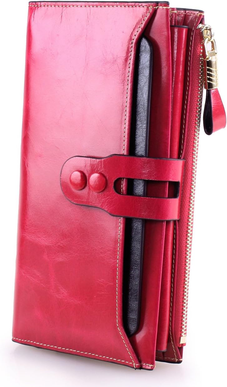 Women's Large Capacity Luxury Waxy Genuine Leather Unisex Wallet with Zipper Pocket(Rose)