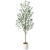 LOMANTO Artificial Olive Tree 5FT - Lifelike Faux Plants Indoor,Modern Fake Trees with Silk Leaves &amp; White Planter, Fake Olive Plant for Home Decor, Office Decor, Living Room, Housewarming