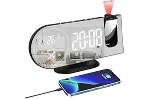 Jhua Projection Alarm Clock, Digital Alarm Clocks for Bedrooms Ceiling, 5" LED Mirror Projection Alarm Clock with USB Charger Port, Temperature & Humidity, 180° Rotable, Dual Alarms, Snooze