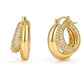 Double Hoop Earrings for Women, Cubic Zirconia Huggies 18K Gold Plated Thick Huggie Hoops Hypoallergenic Trendy Two Hoop Earring Styles Chunky Gold Hoop Earrings Gifts for Women