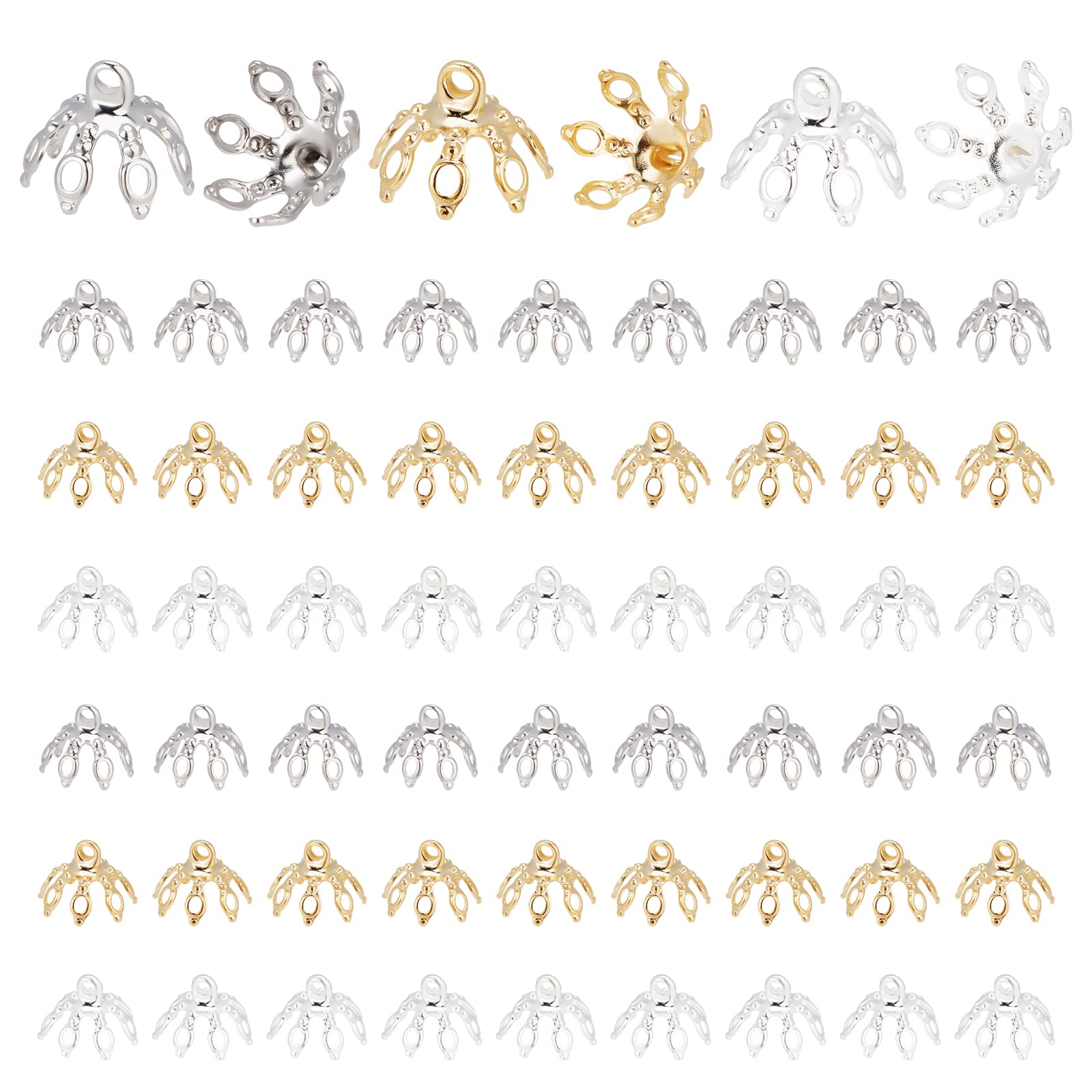 PH PandaHall Flower Bead, 60pcs 3 Colours Brass Bell Bead Bails End Charms with 7 Loop Filigree Prong Spacer Beads for Earrings Bracelets Necklaces Jewellery DIY Craft, Golden/Silver/Platinum