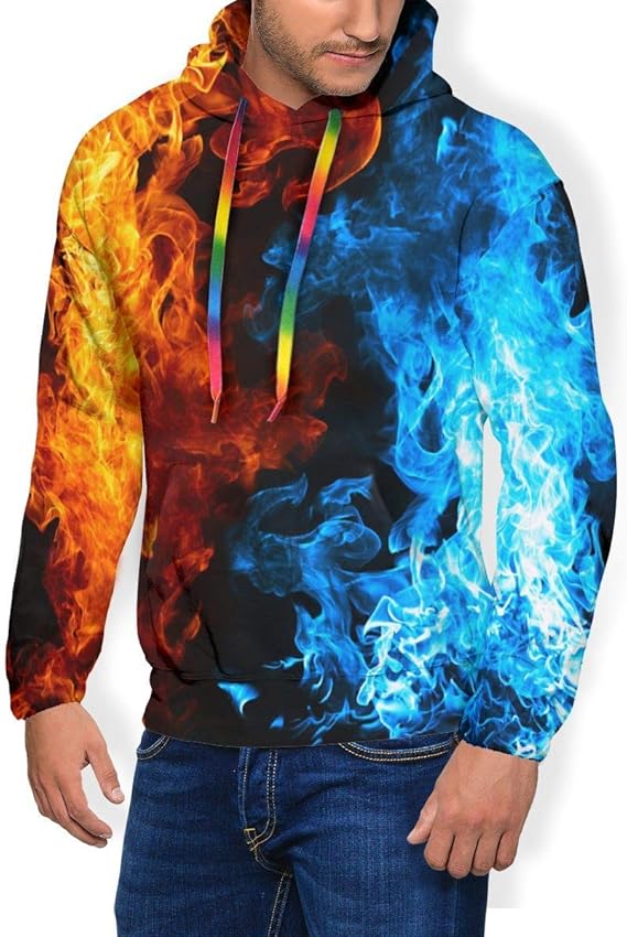 Men's Hoodie Red Blue Flame Hooded Sweatshirt Jumper with Hood with