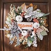 Fall Wreath for Front Door,Autumn Harvest Porch Decor,22inch Blessed Fall Door Wreaths with White Pumpkin,thanksgving Farmhouse Decoration with Ribbon Bow for Indoor Outdoor, Front Door Wreaths