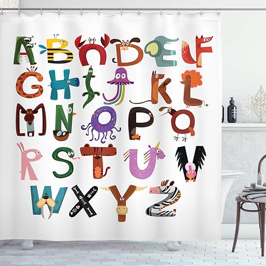 Amazon Com Lunarable Abc Shower Curtain Funny Cartoon Children Alphabet With Elephant Fox Monkey Snake Animals Typography Cloth Fabric Bathroom Decor Set With Hooks 84 Long Extra Multicolor Home Kitchen