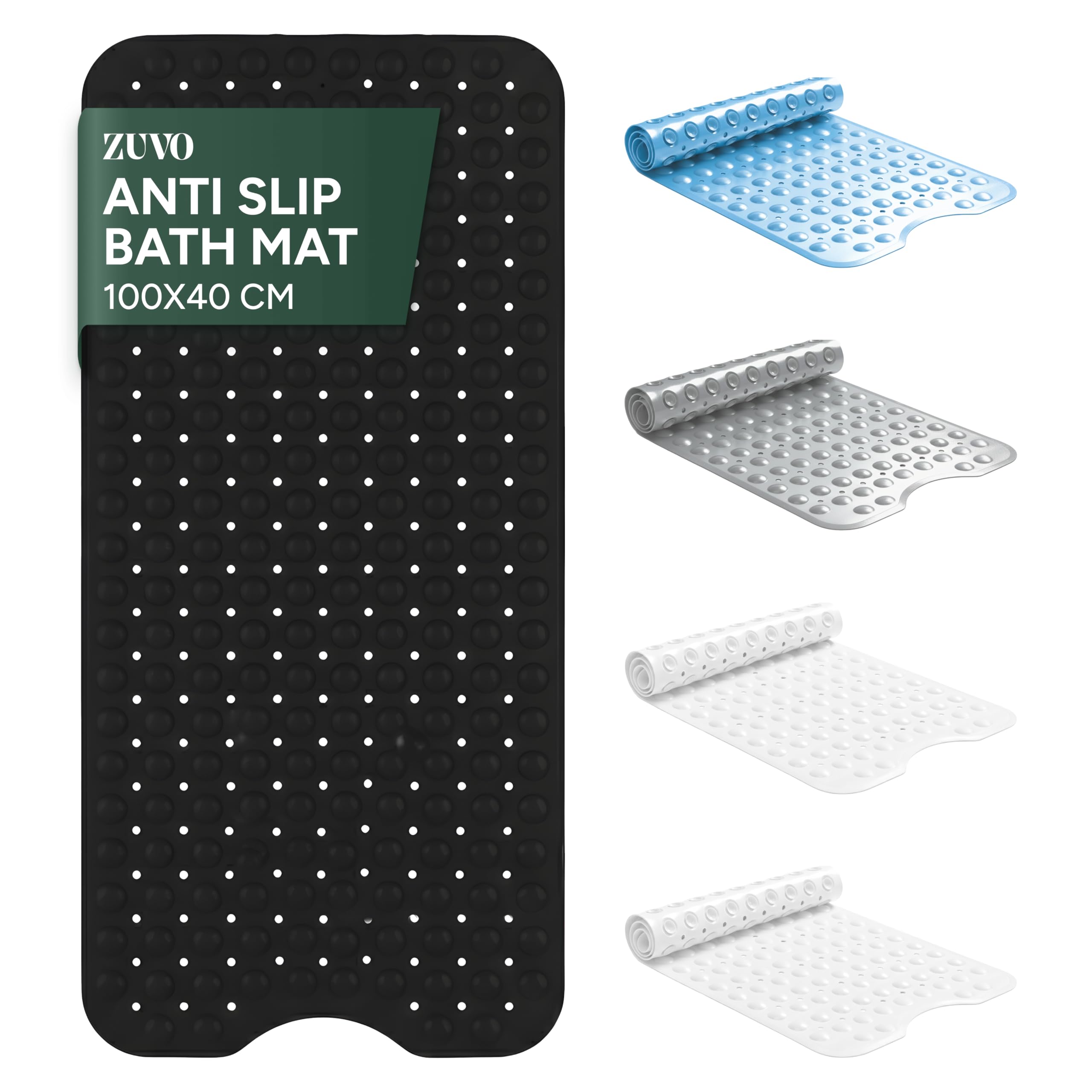 Zuvo Black Non-Slip Bath Mat for Inside Bath – Extra Long 100 x 40cm, Anti Mould, Machine Washable Shower Mat with Suction Cups & Drain Holes – Kids & Elderly