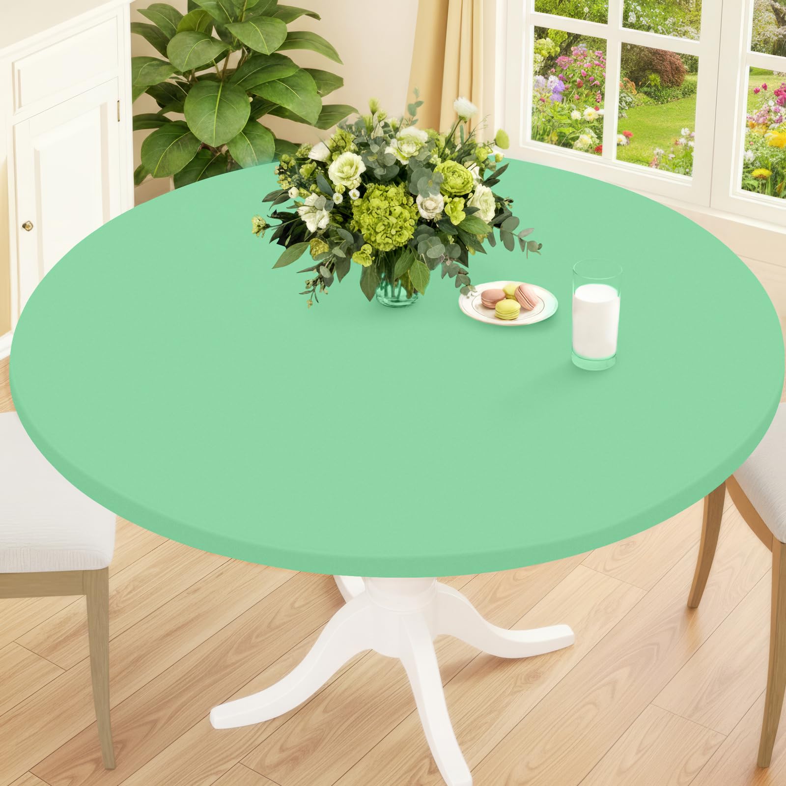Smiry Round Spandex Tablecloth, Elastic Fitted Washable Tablecloths for 57"-68" Tables, Waterpoof Stretch Picnic Table Cover for Dining, Indoor and Outdoor, Green Image