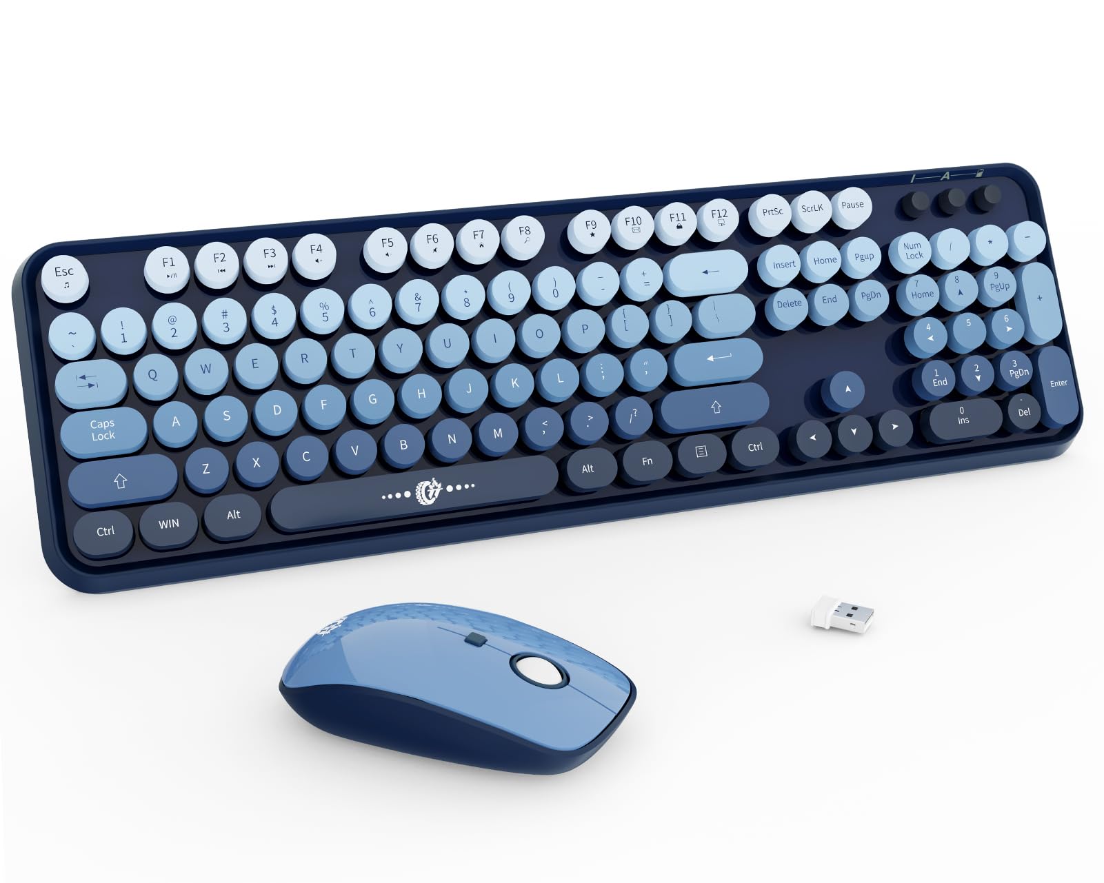 Wireless Keyboard and Mouse Combo,Retro Typewriter Style Gradient Blue Keyboard with Cute Bubble Round Keycaps,2.4GHz Full Size Clicky Creamy Keyboard & 3 DPI Mouse for PC Laptop Desktop-Navy Blue