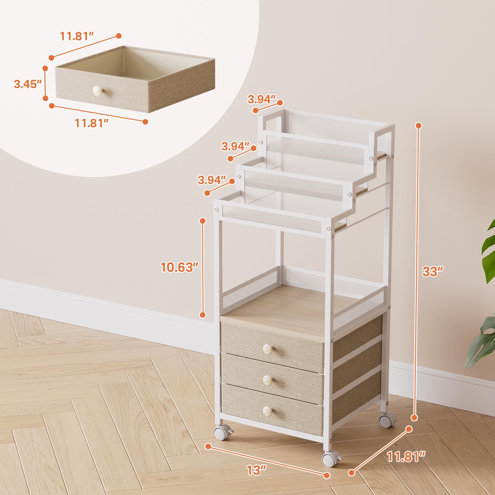FURFUN Makeup Organizer Storage Cart with Drawers, Floor Rolling Skincare Vanity Organizer Mobile Cosmetic Display Case Stand for Makeup Brushes, Nail Polish, Perfume Organizer for Women Matte White