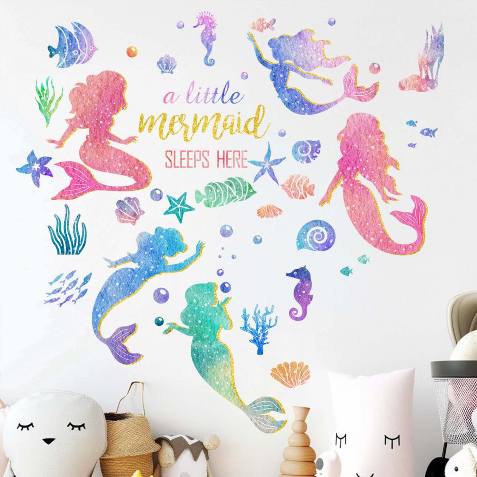 Little Mermaid Wall Stickers for Girls: Peel and Stick Under The Sea Marine Ocean Wall Decals - Wall Art Decor Kids Supplies Ages 1-12 Year