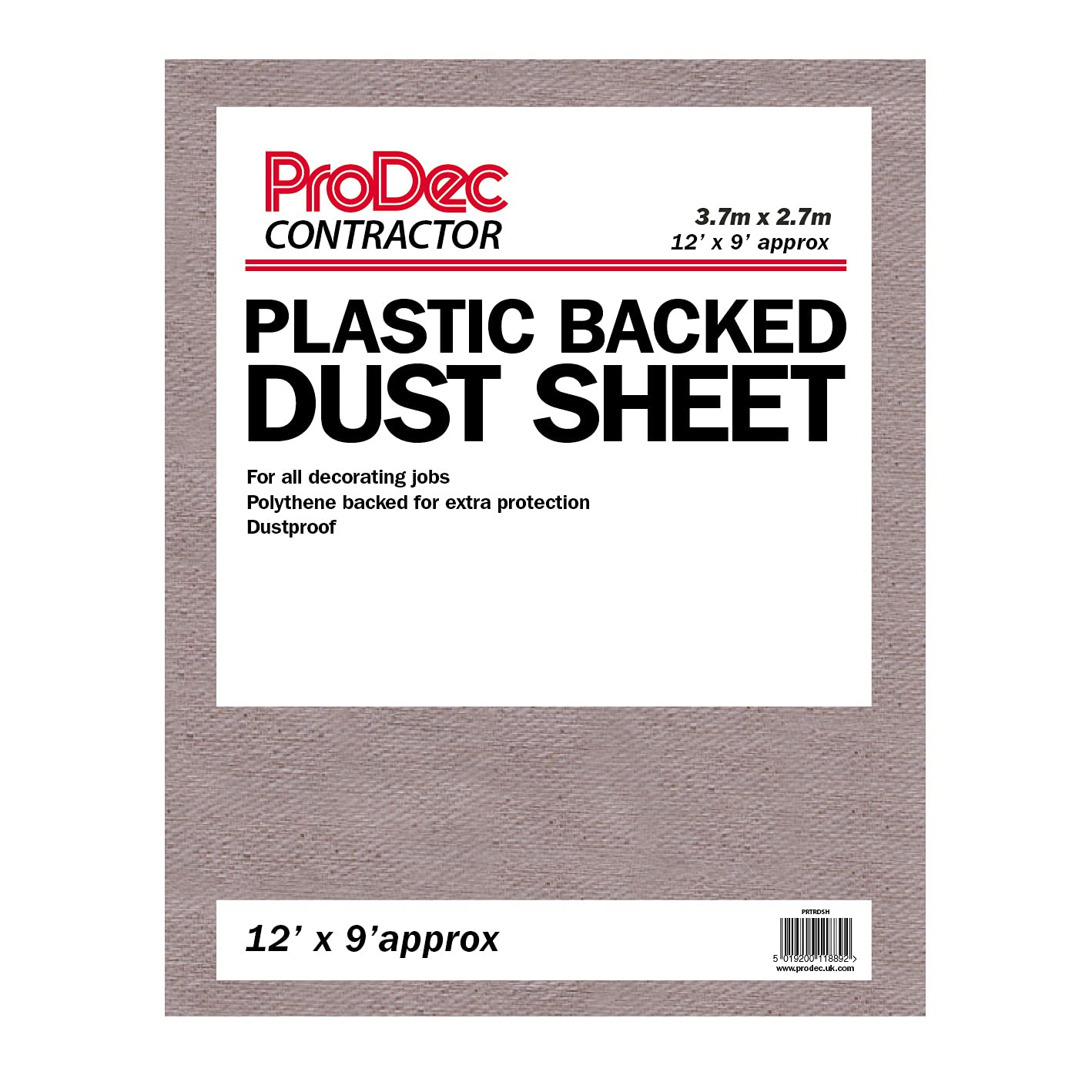ProDec Contractor 12ft x 9ft Contractor Poly Backed Dust Sheet Drop Cloth For Painting Decorating Covering Stairs, Hallways, Corridors and Floors, Absorbs Spills, No Soak Through, Reusable