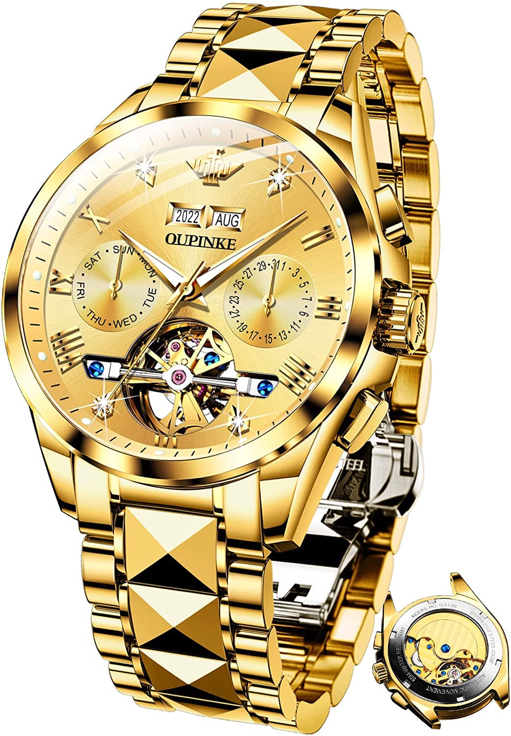 OLEVS Automatic Watch for Men Self Winding Tourbillon Mechanical Business Luxury Gold Face Waterproof Luminous Sapphire Crystal Wrist Watch