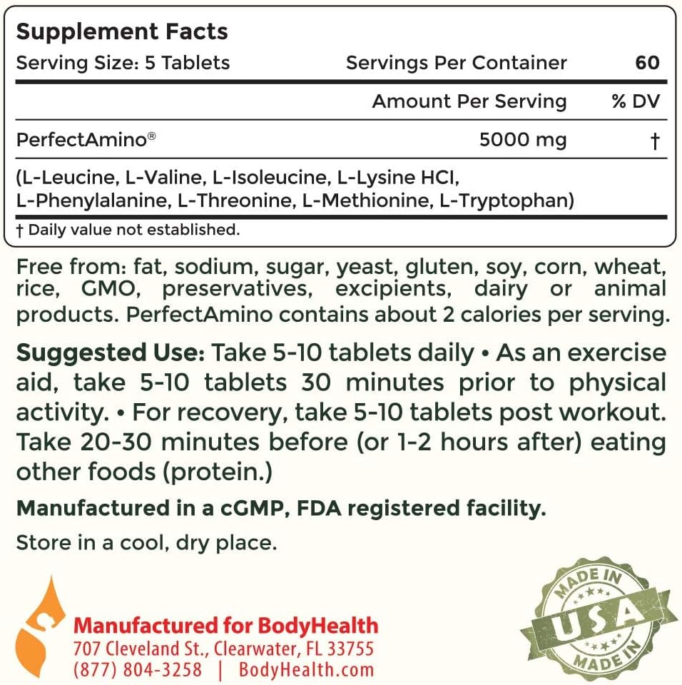 BodyHealth PerfectAmino (300 Tablets) 8 Essential Amino Acids Supplements with BCAA, Increase Muscle Recovery, Boost Energy & Stamina, 99% Utilization, Vegan Branched Chain Protein Pre/Post Workout: Health & Personal Care