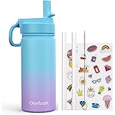 Kids Water Bottle, 16oz Kids Water Bottle with Stickers for School, insulated Stainless Steel Straw Cup(Blue/Purple)